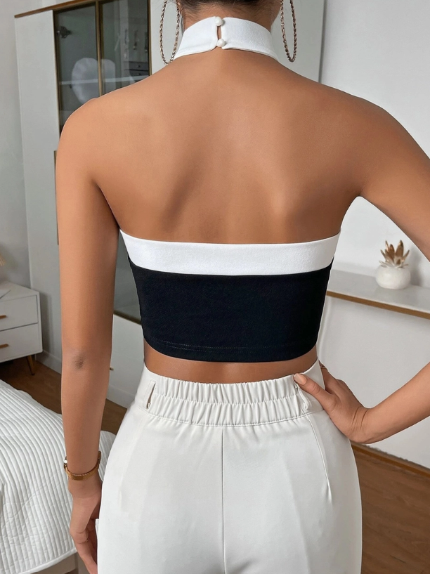 Black and White Color Blocked Neck Top