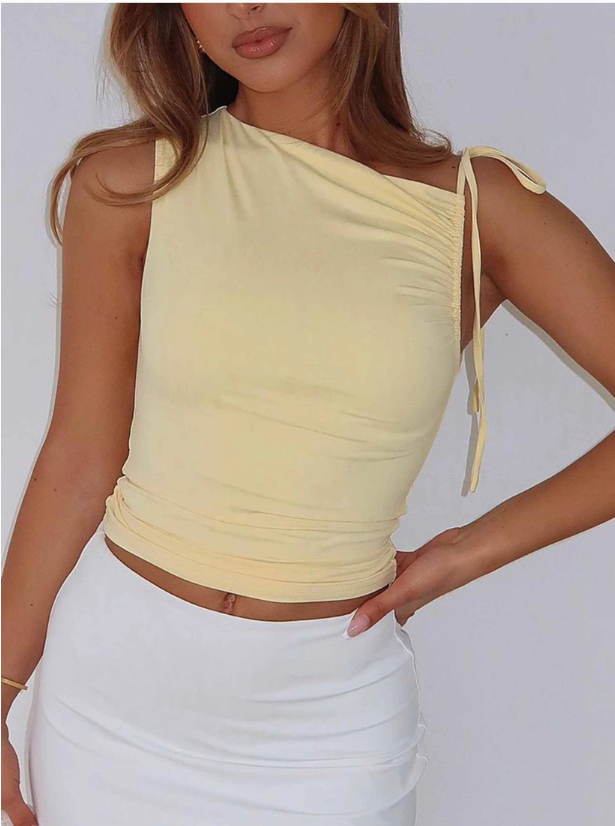 Butter Yellow Slant Collar Drawstring Tied Short Top