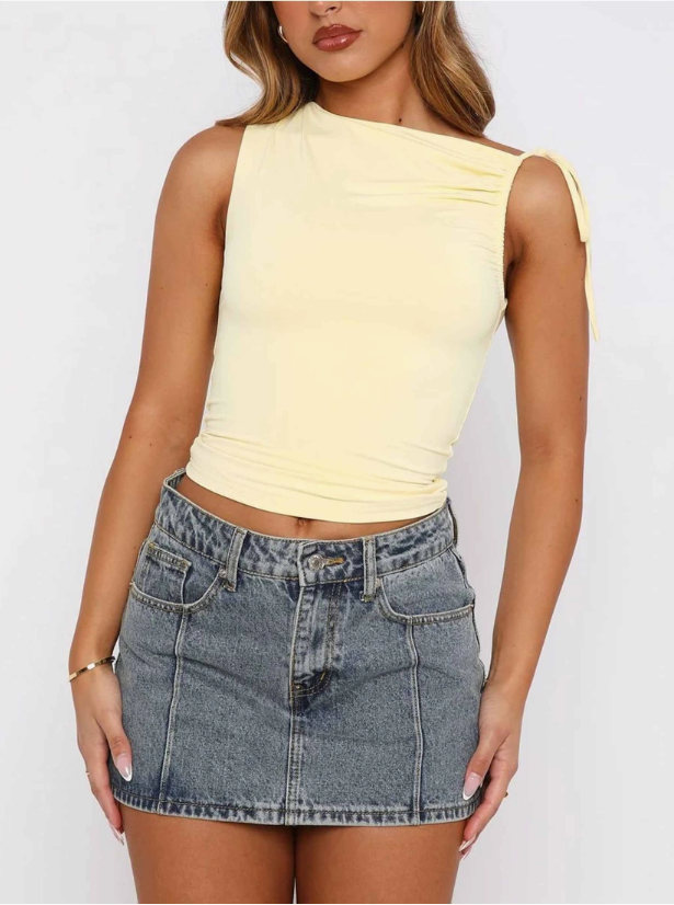 Butter Yellow Slant Collar Drawstring Tied Short Top