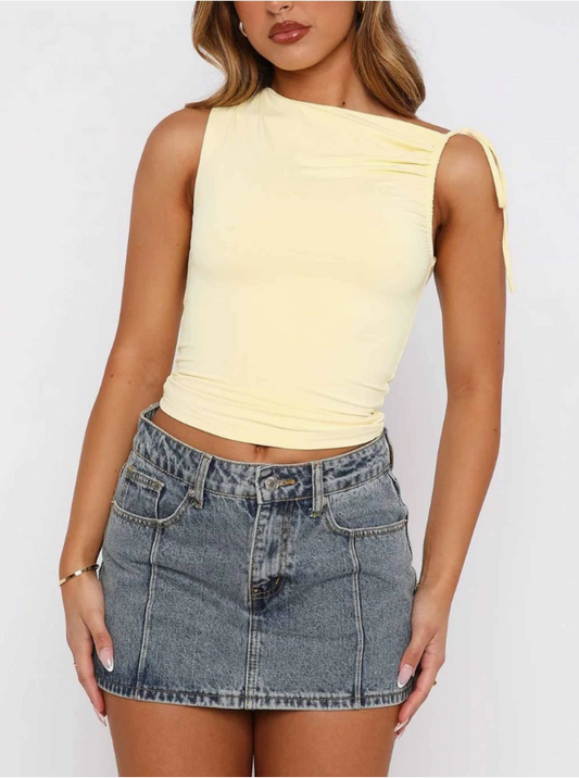Butter Yellow Slant Collar Drawstring Tied Short Top