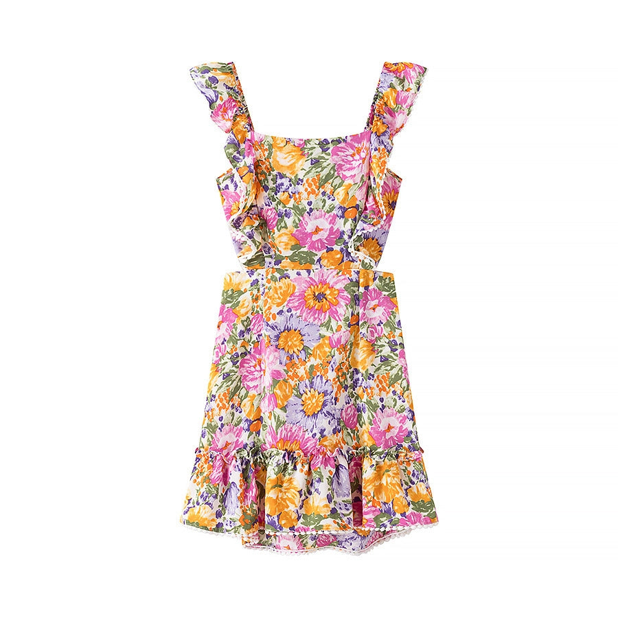 Calista Open-Back Bow Tie Floral Mini Dress W Ruffle Straps