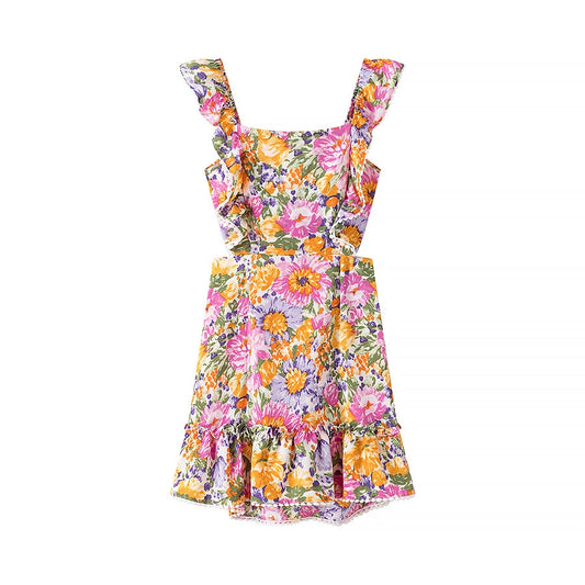 Calista Open-Back Bow Tie Floral Mini Dress W Ruffle Straps