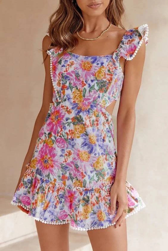 Calista Open-Back Bow Tie Floral Mini Dress W Ruffle Straps
