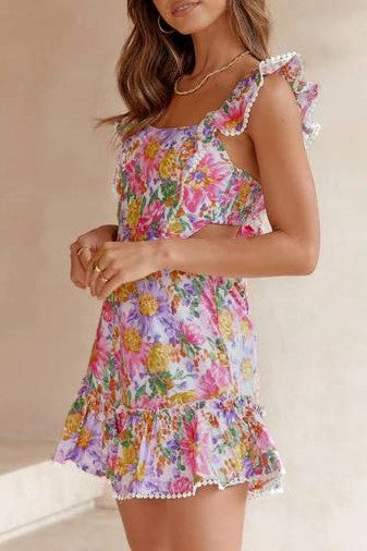 Calista Open-Back Bow Tie Floral Mini Dress W Ruffle Straps