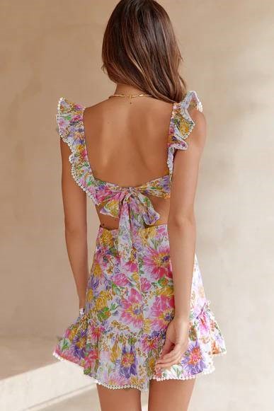 Calista Open-Back Bow Tie Floral Mini Dress W Ruffle Straps